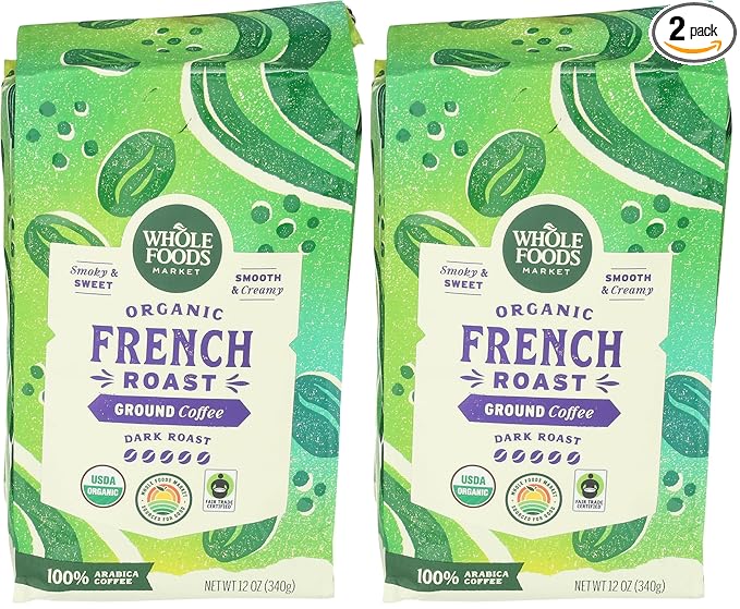 WHOLE FOODS MARKET Organic Ground French Roast Coffee, 12 OZ (Pack of 2)