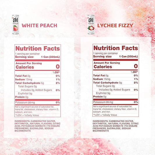 CHI FOREST Sparkling Water Beverage, Lychee & White Peach, 2 Flavors, Zero Sugar, 12 fl oz Cans (Pack of 24)