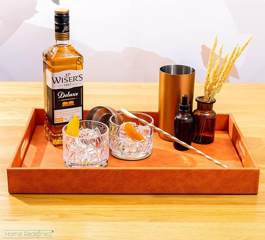 Beautiful Modern Elegant 17.5"x12" Rectangle Orange Faux Leather Decorative Tray Ottoman Coffee Table Perfume Living Room Kitchen Serving Tray with Handles for All Occasion's