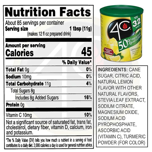 4C Reduced Sugar Powdered Drink Mix Canisters, Iced Tea 1 Pack, 28 Quarts, Family Sized Canister, Thirst Quenching & Refreshing Flavors (Lemonade, 33.1 Ounce (Pack of 1))