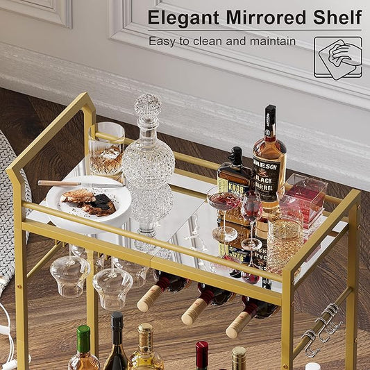 3 Tier Bar Cart, Small Beverage Cart, Mini Bar Cart with Wine Rack, Home Bar Serving Cart with Wheels for Kitchen Dining Living Room (Gold, Mirrored)