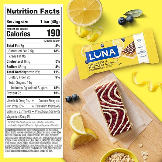 LUNA Bar - Mash-Ups LemonZest + Blueberry Flavor - Gluten Free Snack Bars - Non-GMO - Protein Bars - Made with Organic Oats (15 Pack)