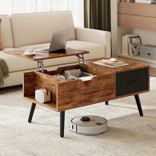 Yaheetech Lift Top Coffee Table for Living Room, Wooden Small Center Tables with Large Storage Shelf Drawer and Hidden Compartment Modern, Rustic Brown