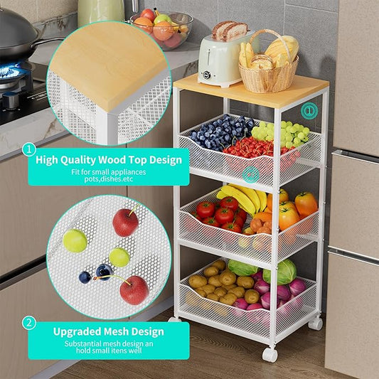 HapiRm Fruit Basket Kitchen Cart - 4-Tier Rolling Storage Cart with Wheels, Wood Top Utility Pantry Cart for Vegetables, Potatoes, Onions, Bread, Snacks