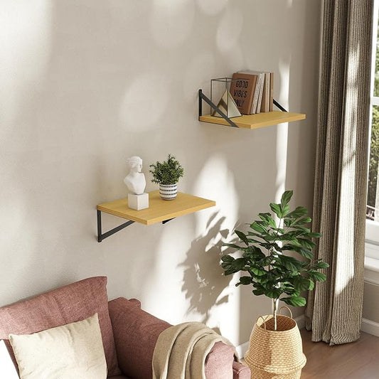 Deep Floating Shelves Wall Mounted, 16"x12" Oak Wall Shelves with Brackets Set of 2 for Bedroom, Living Room, Bathroom, Kitchen, Office - Storage & Display Shelf for Decor, Books, Plants