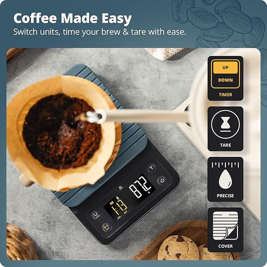 Greater Goods Coffee Scale with Timer – 0.1g Precision Digital Coffee & Espresso Scale for Pour-Over, Coffee Bean Weighing, Barista Brewing, Waterproof Cover, 3kg Capacity (Stone Blue)