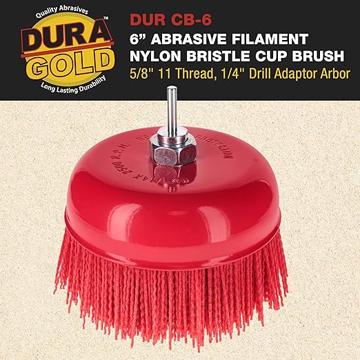 Dura-Gold 6" Abrasive Filament Nylon Bristle Cup Brush - 5/8" 11 Thread, 1/4" Hex Drill Shank Arbor, Coarse Grit Angle Grinder Brush for Truck Bed Liner Surface Prep, Sanding, Rust & Paint Removal