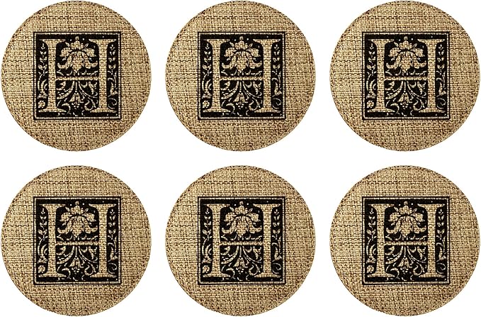 Smile Art Design Family Monogram Custom Coaster Set of 6 with Base Holder Round Burlap Material Family Name Personalized Prints Personalized Gifts House Warming Wedding Gift Rustic Decor Style7