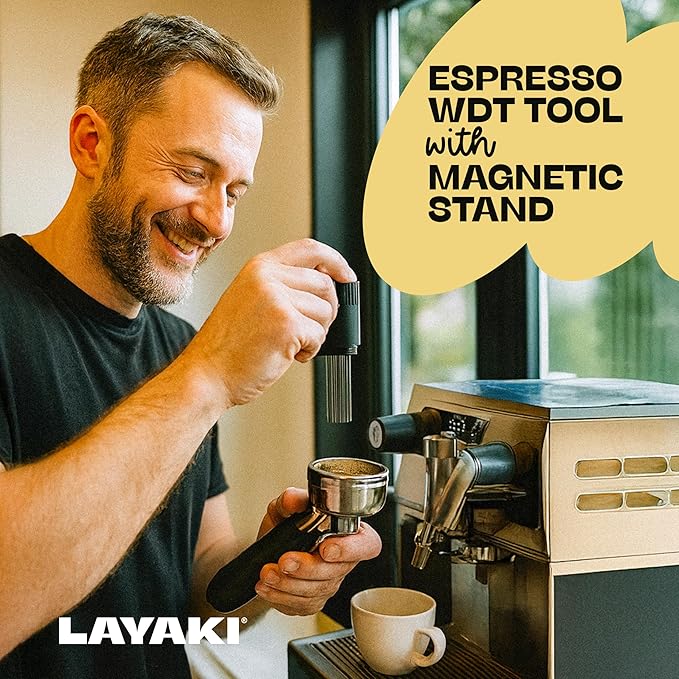 Wdt Tool Espresso Machine Accessories with Magnetic Stand -Espresso Distribution Tool, 8 Flexible 0.25 mm SUS 304 Needles, Ergonomic Anti-Slip Handle, Fits Multiple Portafilter Sizes