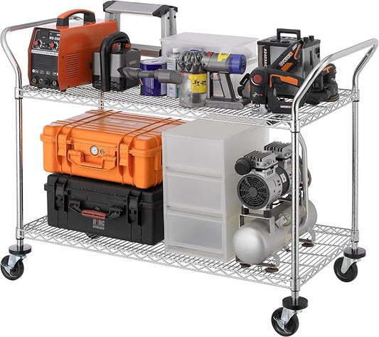 Finnhomy 2-Tier Commercial Grade Rolling Cart, Heavy Duty Utility Cart, Carts with Wheels and Handles, Kitchen Cart on Wheels, Metal Serving Cart with 700 lbs Capacity, Shelf Size 24" D x 48" W, NSF