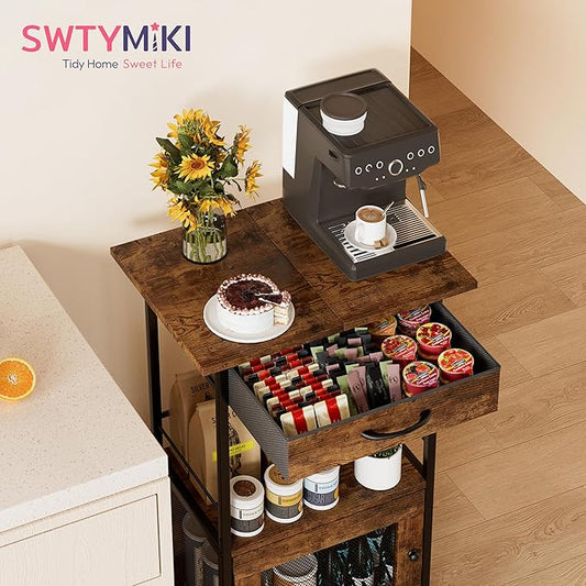 SWTYMIKI Buffets Coffee Bar Cabinet - Rolling Kitchen Rack, Farmhouse Small Coffee Stand with Storage Drawer and Door Cabinet - Kitchen Microwave Stand for Apartment, Living Room, Entryway, Espresso