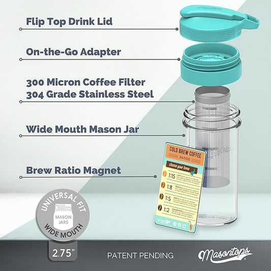 Masontops Cold Brew Makers Kit - Deluxe Iced Coffee Maker with Glass Pitcher & Stainless Steel Mesh Filter - Easy Pour Fridge Cold Brewer System