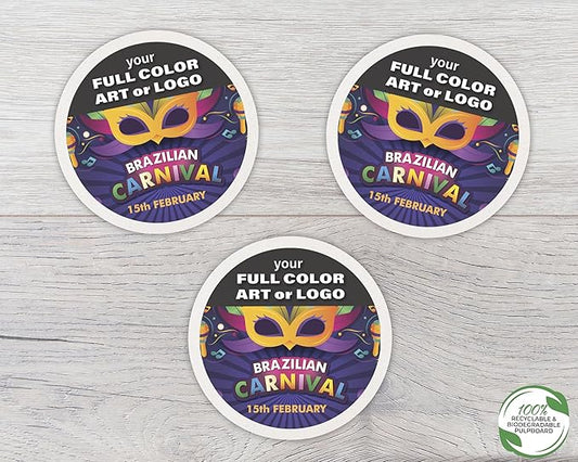 B.E. Green Custom Coasters - Pulpboard Personalized Coasters for Drinks - Full Color Print - Reusable & Absorbent - Beverage Coaster - Promotional Events & Celebrations - Pack of 50-4" Round Coaster