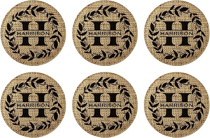 Smile Art Design Family Monogram Personalized Coaster Set of 6 with Base Round Burlap Material Family Name Personalized Print Personalized Gifts House Warming Wedding Gift Rustic Kitchen Decor Style3