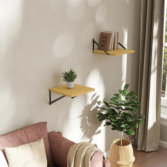 Deep Floating Shelves Wall Mounted, 12"x12" Oak Wall Shelves with Brackets Set of 2 for Bedroom, Living Room, Bathroom, Kitchen, Office - Storage & Display Shelf for Decor, Books, Plants