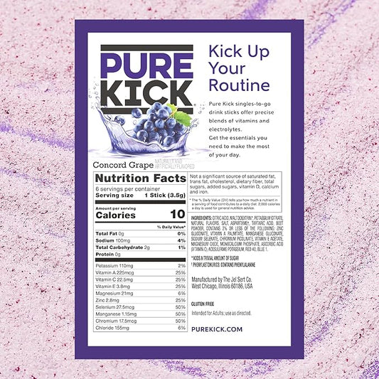 PURE KICK Hydration Singles to Go Drink Mix, Concord Grape, Includes 12 Boxes with 6 Packets in Each Box, 72 Total Packets