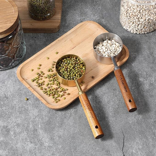 2 Pcs Measuring Cup with Wooden Handle Food Scoop Measuring Cups 1/4 Cup Stainless Steel Measurings Cups 60 ML Coffee Measurings Scoops (Gold Silver)