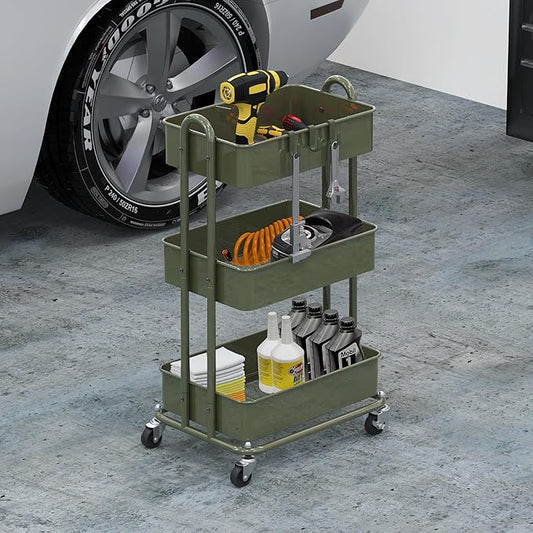 Simple Houseware 3-Tier Heavy Duty Metal Utility Rolling Cart, Army Green
