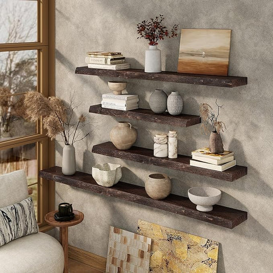 Marsmiles 36 inch Floating Shelves for Wall Elm Wood Live Edge Shelves|Rustic Wall Shelves with Invisible Heavy-Duty Bracket for Bathroom Living Room Kitchen|Walnut, 2 Pack