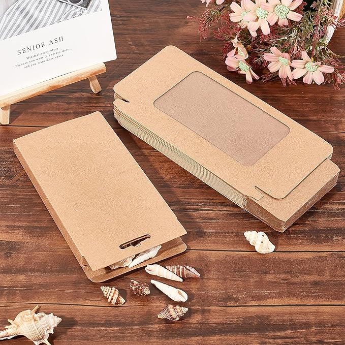 BENECREAT 20 Pack Kraft Paper Boxes with Clear Window 7x3.5x0.6 Brown Gift Packaging Boxes for Bakery Cookies Cake Candy Wedding Party Favors