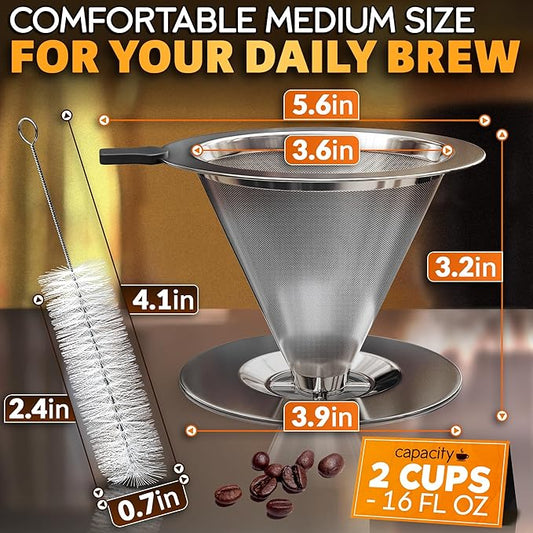 LEGLO Stainless Steel Pour Over Coffee Maker - 3.18x4.48 Pour Over Coffee Dripper with Wide Secure Base, Large Plastic Handle, and Brush for Easy Cleaning – Ensures Well-Balanced, Clean Flavor