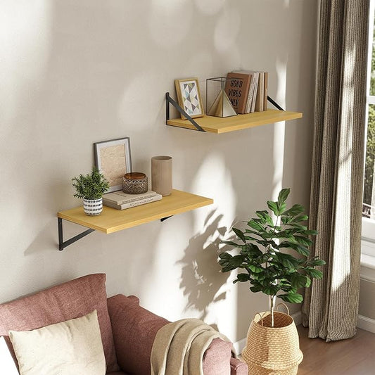 Deep Floating Shelves Wall Mounted, 24"x12" Oak Wall Shelves with Brackets Set of 2 for Bedroom, Living Room, Bathroom, Kitchen, Office - Storage & Display Shelf for Decor, Books, Plants