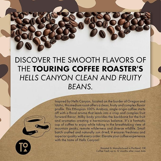 Touring Coffee Roasters Hells Canyon Ethiopian Coffee Whole Beans Medium Roast - 100% Arabica Single Origin, Fruity, Clean, Smooth, Natural Sun Dried – 12oz