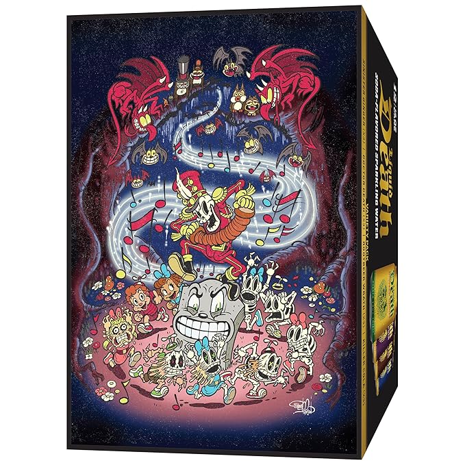 Liquid Death Soda-Flavored Sparkling Water - Classic Variety 2, Less Sugar*, Huge Flavor, No Artificial Sweeteners, 4 Flavors: Sinister Ginger, Doctor Death, Cola, Root Beer, 12 Fl Oz (Pack of 12)