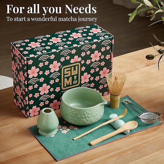 Matcha Whisk Set 9pcs – Matcha Tea Set with Ceramic Matcha Bowl, Bamboo Whisk (Chasen), Scoop, Sifter | Matcha Kit for Japanese Tea Ceremony & Beginners(Green)