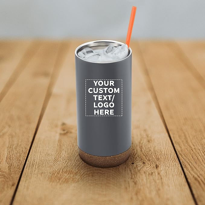 DISCOUNT PROMOS Custom Tumblers Cork Bottom 16 oz Set of 10/50/100 Personalized Bulk Pack Double Wall Insulated Matte Finish Iced Coffee Soda - Grey