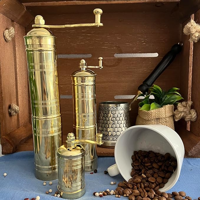 Set of Three Turkish Manual Coffee Grinders, Brass Coffee Mill with Handle, Fixed Top Pepper Grinder, Kitchen Decor