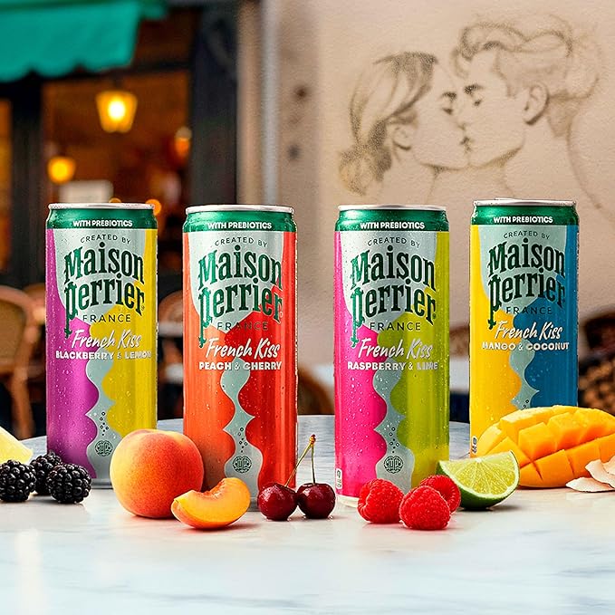 Maison Perrier French Kiss Sweetened Sparkling Juice Beverage, Peach & Cherry Flavors With Real Fruit Juices, 24Pk