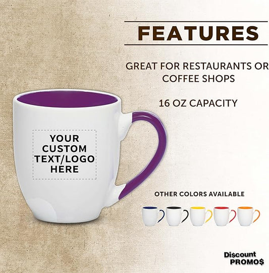 Custom Bistro Style Large Coffee Mugs 16 oz. Set of 10/50/100, Personalized Bulk Pack - Perfect for Coffee, Tea, Espresso, Hot Cocoa, Other Beverages - Purple