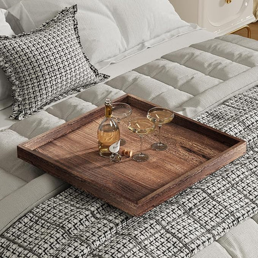 Ottoman Tray for Coffee Table Living Room Wood Serving Tray Large Wooden Square 24 Inches Rustic Brown