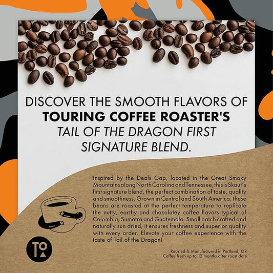 Touring Coffee Roasters Tail of the Dragon Signature Blend Coffee Whole Beans Dark Roast – Grown in Sumatra, Colombia and Guatemala, Chocolate, Nutty, Earthy, Natural Sun Dried – 12oz