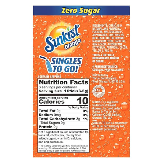 Sunkist Singles To Go Drink Mix Orange, 6 Boxes with 6 Packets Each - 36 Total Servings