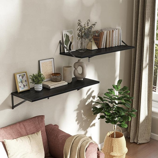 Deep Floating Shelves Wall Mounted, 36"x12" Black Wall Shelves with Brackets Set of 2 for Bedroom, Living Room, Bathroom, Kitchen, Office - Storage & Display Shelf for Decor, Books, Plants