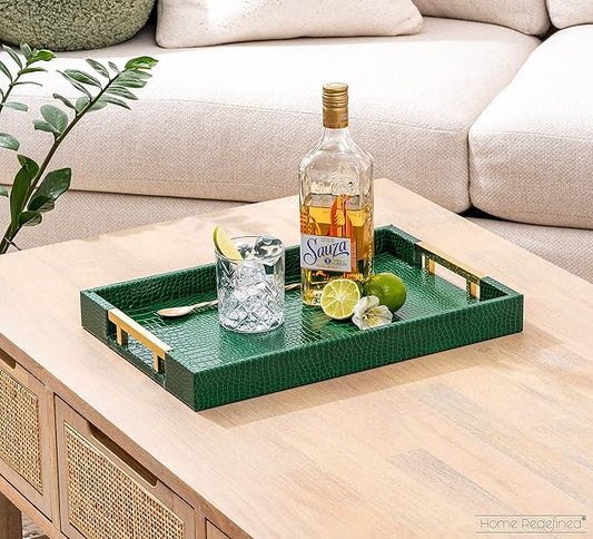 Luxury Modern Elegant 17.5"x12" Rectangle Crocodile Green Faux Leather Decorative Tray Ottoman Coffee Table Living Room Decor Kitchen Serving Tray with Gold Polished Metal Handles by Home Redefined