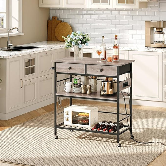HOOBRO Kitchen Island with Storage, Rolling Island Cart for Kitchen with 2 Drawers & Outlet, 3 Tier Coffee Station and Microwave Stand, Kitchen Island Table for Home, Greige BG08UZD01