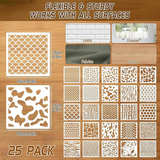 25 Pcs Cookie Stencils for Royal Icing Animal Skin Print Baking Stencil, Reusable Leopard Cheetah Cow Snake Skin Template Stencil for Cake Baking DIY Craft Painting, 6 x 6 Inch