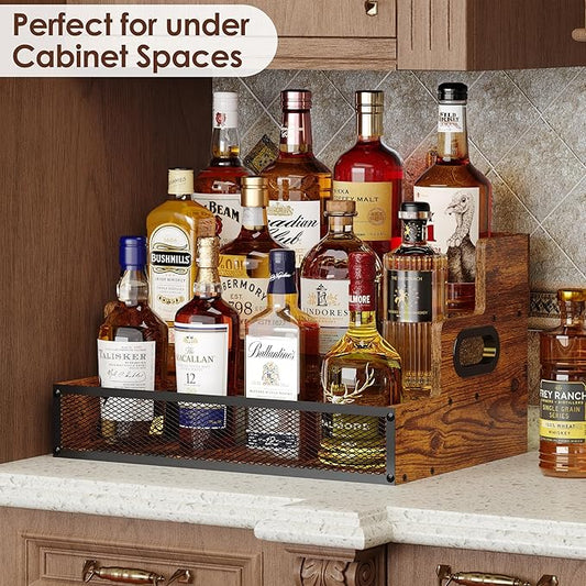 3-Tier Liquor Bottle Display Shelf, Countertop Liquor Wine Rack with Handle, Bar Bottle Display Shelves, Coffee Syrup Rack Organizer, Brown Liquor Display, Home Retro Bar Shelf Stand (Patent Pending)