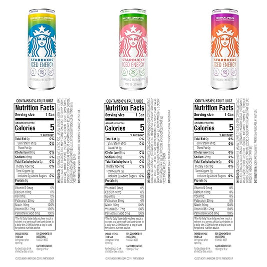 Starbucks Iced Energy Drink, 3 Flavor Variety Pack (Tropical Peach, Watermelon Splash, Blueberry Lemonade), Zero Sugar Energy Drink, Plant Based Caffeine, Hydration, Mental Clarity, 12x12 Fl Oz Cans