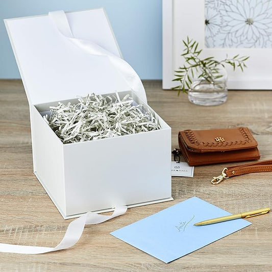 Hallmark Medium Gift Box with Lid and Shredded Paper Fill (Grey White 7 inch Box) for Weddings, Bridal Showers, Graduations, Birthdays, Bridesmaids Gifts, All Occasion