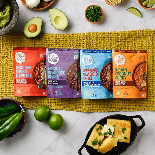 The Good Bean Heat and Eat Pouch - Variety Pack - (Pack of 4) 10 oz Pouch - Mexican Smoky Chipotle, Low-Carb Classic Chili, Mexicali Seasoned Beans, and Indian Coconut Curry