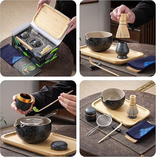 TEANAGOO Matcha Whisk Set, 10 Pcs Complete Set, Black, Matcha Kit with Tray, Bowl, Scoop, Sifter, Powder Jar, Gift for Matcha Lovers