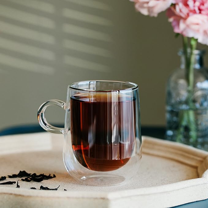 BTaT- Double Walled Glass Coffee Mugs, 8 oz, Set of 4, Glass Coffee Cups with Handle, Insulated Clear Coffee Mug for Hot and Cold Beverages, Cappuccino, Latte, Tea, Americano, Microwave Safe