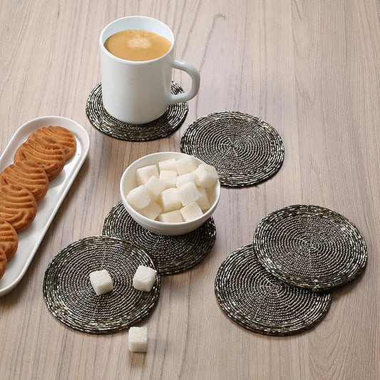 Handmade Beaded Wire Coaster Set of 6-4 Inch Round Coasters, Elegant Beautiful Stylish Decorative Drink Coaster Perfect for Home, Office, Christmas, & Everyday Use - Brown