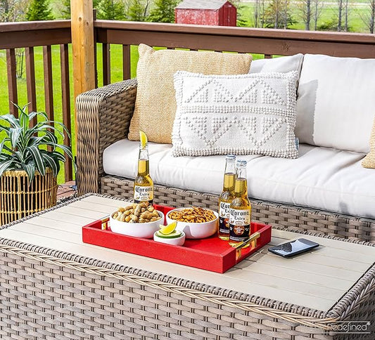 Modern Elegant 17.5"x12" Rectangle Red Shagreen Faux Leather Decorative Tray Ottoman Coffee Table Perfume Living Room Kitchen Serving Tray with Gold Polished Metal Handles by Home Redefined