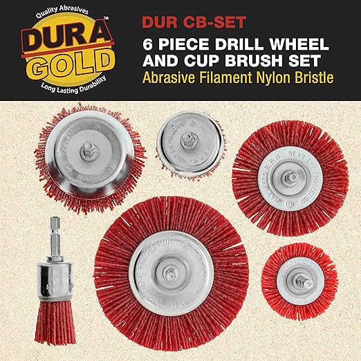 Dura-Gold 6 Piece Abrasive Filament Nylon Bristle Cup Brush Set - 1/4" Hex Drill Shank Arbor, Coarse Grit Angle Grinder Brush for Truck Bed Liner Surface Prep, Sanding, Scuffing, Rust & Paint Removal