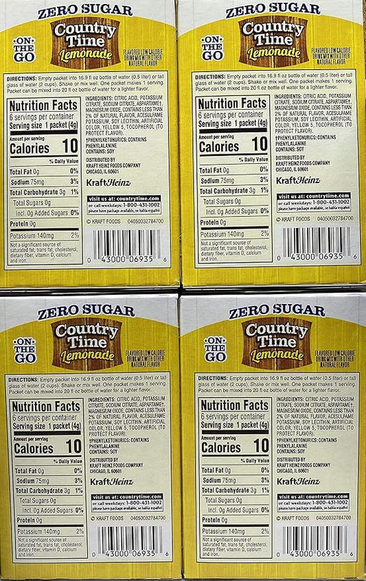 Country Time Lemonade Sugar Free On the Go! 6 Packets Powder (pack of 4) Gluten Free